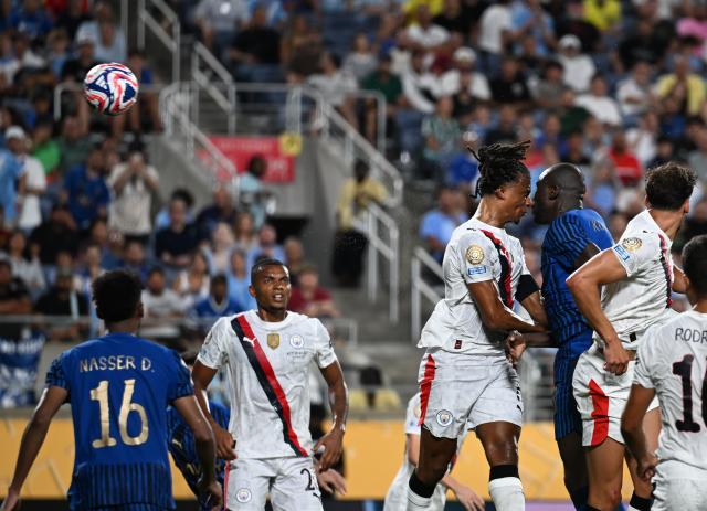 (250701) -- ORLANDO, July 1, 2025 (Xinhua) -- Kalidou Koulibaly (2nd R, top) of Al Hilal heads the ball to score during the round of 16 match between Manchester City of England and Al Hilal of Saudi Arabia at the FIFA Club World Cup 2025 at the Camping World Stadium, Orlando, Florida, the United States, June 30, 2025. (Xinhua/Wu Xiaoling)