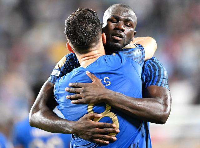 (250701) -- ORLANDO, July 1, 2025 (Xinhua) -- Kalidou Koulibaly (R) of Al Hilal celebrates his goal with teammate Ruben Neves during the round of 16 match between Manchester City of England and Al Hilal of Saudi Arabia at the FIFA Club World Cup 2025 at the Camping World Stadium, Orlando, Florida, the United States, June 30, 2025. (Xinhua/Wu Xiaoling)