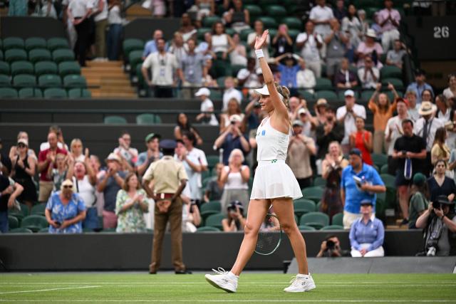 (250702) -- LONDON, July 2, 2025 (Xinhua) -- Dayana Yastremska celebrates winning the women's singles first round match between Coco Gauff of the United States and Dayana Yastremska of Ukraine at the Wimbledon Tennis Championships in London, Britain, July 1, 2025. (Xinhua/Zhao Dingzhe)