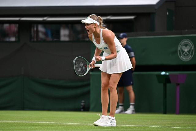(250702) -- LONDON, July 2, 2025 (Xinhua) -- Dayana Yastremska celebrates winning the women's singles first round match between Coco Gauff of the United States and Dayana Yastremska of Ukraine at the Wimbledon Tennis Championships in London, Britain, July 1, 2025. (Xinhua/Zhao Dingzhe)