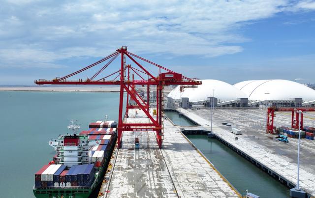 (250702) -- DONGYING, July 2, 2025 (Xinhua) -- A drone photo shows a container ship berthing at the container terminal of a dike in Dongying Port, east China's Shandong Province, July 2, 2025. The first specialized container terminal of Dongying Port was put into use on Wednesday. (Xinhua/Zhu Zheng)
