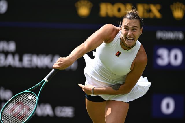 (250703) -- LONDON, July 3, 2025 (Xinhua) -- Aryna Sabalenka competes during the women's singles second round match between Aryna Sabalenka of Belarus and Marie Bouzkova of the Czech Republic at the Wimbledon Tennis Championships in London, Britain, July 2, 2025. (Xinhua/Zhao Dingzhe)