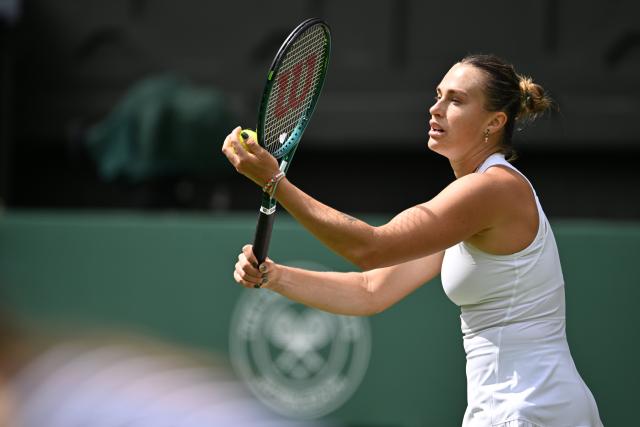 (250703) -- LONDON, July 3, 2025 (Xinhua) -- Aryna Sabalenka serves during the women's singles second round match between Aryna Sabalenka of Belarus and Marie Bouzkova of the Czech Republic at the Wimbledon Tennis Championships in London, Britain, July 2, 2025. (Xinhua/Zhao Dingzhe)