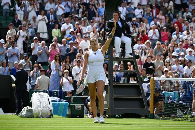 (250703) -- LONDON, July 3, 2025 (Xinhua) -- Aryna Sabalenka celebrates winning the women's singles second round match between Aryna Sabalenka of Belarus and Marie Bouzkova of the Czech Republic at the Wimbledon Tennis Championships in London, Britain, July 2, 2025. (Xinhua/Zhao Dingzhe)
