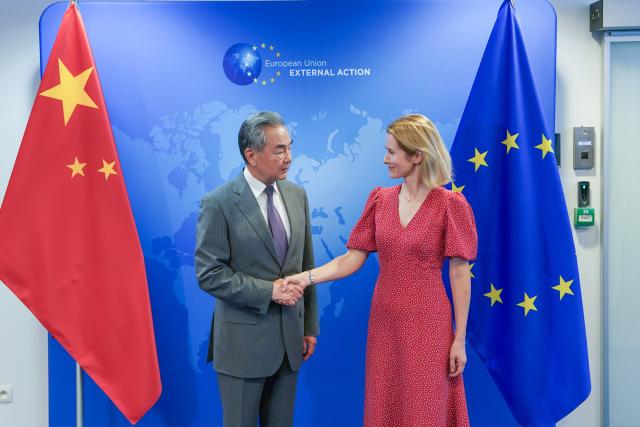 (250703) -- BRUSSELS, July 3, 2025 (Xinhua) -- Chinese Foreign Minister Wang Yi, also a member of the Political Bureau of the Communist Party of China Central Committee, and EU High Representative for Foreign Affairs and Security Policy Kaja Kallas hold the 13th round of China-EU High-level Strategic Dialogue in Brussels, Belgium, on July 2, 2025. (Xinhua/Peng Ziyang)