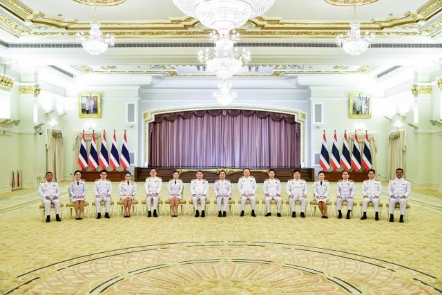 (250703) -- BANGKOK, July 3, 2025 (Xinhua) -- New cabinet members pose for a group photo at the government house in Bangkok, Thailand, July 3, 2025. Deputy Prime Minister Suriya Juangroongruangkit, in his capacity as acting prime minister, led 14 newly appointed and reassigned ministers in taking the oath of allegiance before the king, a formality required before assuming their roles. (Thai Government House/Handout via Xinhua)