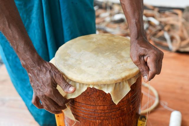 (250704) -- KADUGANNAWA, July 4, 2025 (Xinhua) -- A person assembles a traditional drum in Kadugannawa, Sri Lanka, July 3, 2025. The central region of Sri Lanka, especially Kadugannawa, is famous for the making and use of traditional wooden drums, which play an important role in Sri Lankan rituals and dances. (Photo by Thilina Kaluthotage/Xinhua)