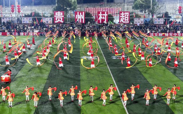(250704) -- GUIYANG, July 4, 2025 (Xinhua) -- Actors perform during the opening ceremony of the "Village Super League," or "Cun Chao," in Rongjiang County, southwest China's Guizhou Province on Jan. 4, 2025. (Xinhua/Yang Wenbin)
