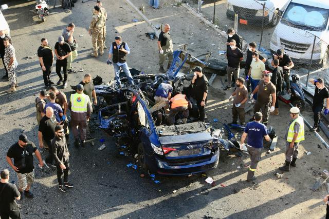 (250704) -- KHALDEH, July 4, 2025 (Xinhua) -- This photo shows a car destroyed in an Israeli drone strike in Khaldeh, Lebanon, on July 3, 2025. An Israeli drone strike targeted on Thursday afternoon a vehicle on the Khaldeh highway, south of the Lebanese capital Beirut, killing one person and injuring three others, the National News Agency reported. (Photo by Ali Hashisho/Xinhua)