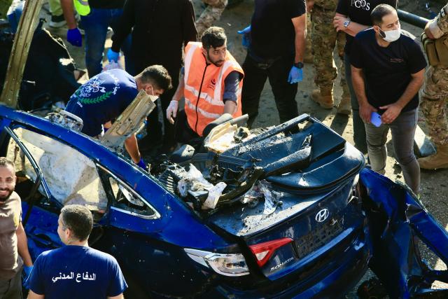 (250704) -- KHALDEH, July 4, 2025 (Xinhua) -- This photo shows a car destroyed in an Israeli drone strike in Khaldeh, Lebanon, on July 3, 2025. An Israeli drone strike targeted on Thursday afternoon a vehicle on the Khaldeh highway, south of the Lebanese capital Beirut, killing one person and injuring three others, the National News Agency reported. (Photo by Ali Hashisho/Xinhua)
