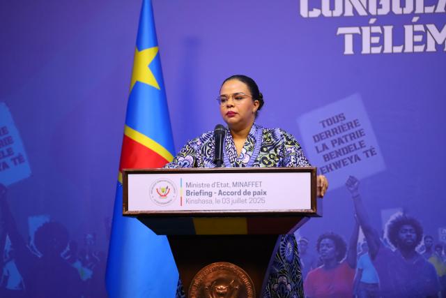 (250704) -- KINSHASA, July 4, 2025 (Xinhua) -- Therese Kayikwamba Wagner, foreign minister of the Democratic Republic of the Congo (DRC), attends a press conference in Kinshasa, DRC, July 3, 2025. The peace agreement recently signed between DRC and Rwanda "is only a beginning; the real work starts now," Wagner said late Thursday at a press conference.
  TO GO WITH "DRC-Rwanda peace deal 'only a beginning': DR Congo FM" (DRC Ministry of Communication and Media/Handout via Xinhua)