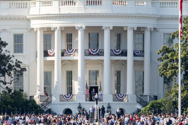 (250704) -- WASHINGTON, July 4, 2025 (Xinhua) -- U.S. President Donald Trump speaks on the balcony of the White House in Washington, D.C., the United States, on July 4, 2025. Trump signed his landmark policy bill, the One Big Beautiful Bill, into law on Friday afternoon. (Xinhua/Hu Yousong)