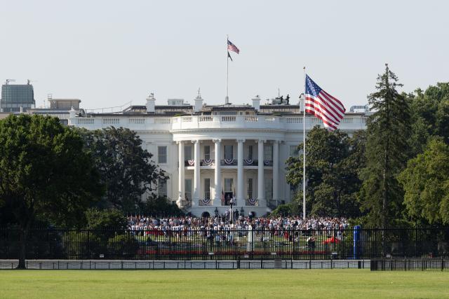 (250704) -- WASHINGTON, July 4, 2025 (Xinhua) -- U.S. President Donald Trump speaks on the balcony of the White House in Washington, D.C., the United States, on July 4, 2025. Trump signed his landmark policy bill, the One Big Beautiful Bill, into law on Friday afternoon. (Xinhua/Hu Yousong)