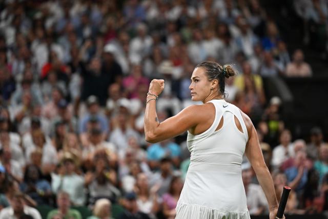 (250705) -- LONDON, July 5, 2025 (Xinhua) -- Aryna Sabalenka reacts during the women's singles third round match between Aryna Sabalenka of Belarus and Emma Raducanu of Britain at the Wimbledon Tennis Championships in London, Britain, July 4, 2025. (Xinhua/Zhao Dingzhe)