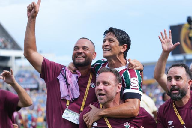 (250705) -- ORLANDO, July 5, 2025 (Xinhua) -- German Cano (top R) of Fluminense FC celebrates after the quarterfinal match between Fluminense FC of Brazil and Al Hilal of Saudi Arabia at the FIFA Club World Cup 2025 at the Camping World Stadium, Orlando, Florida, the United States, July 4 , 2025. (Xinhua/Xu Chang)