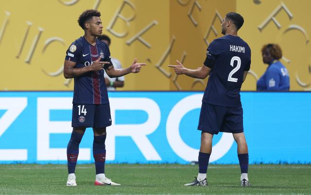 (250706) -- ATLANTA, July 6, 2025 (Xinhua) -- Desire Doue (L) of Paris Saint-Germain celebrates scoring with teammate Achraf Hakimi during the quarterfinal match between Paris Saint-Germain (FRA) and FC Bayern Munich (GER) at the FIFA Club World Cup 2025 at the Mercedes-Benz Stadium, Atlanta, Georgia, the United States, July 5, 2025. (Xinhua/Li Ming)