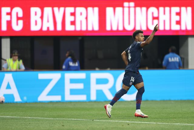 (250706) -- ATLANTA, July 6, 2025 (Xinhua) -- Desire Doue of Paris Saint-Germain celebrates scoring during the quarterfinal match between Paris Saint-Germain (FRA) and FC Bayern Munich (GER) at the FIFA Club World Cup 2025 at the Mercedes-Benz Stadium, Atlanta, Georgia, the United States, July 5, 2025. (Xinhua/Li Ming)