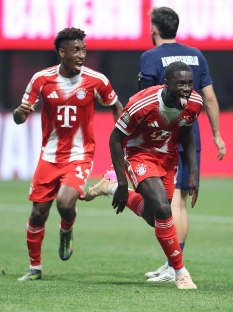 (250706) -- ATLANTA, July 6, 2025 (Xinhua) -- Dayot Upamecano (front R) of FC Bayern Munich celebrates a disallowed goal during the quarterfinal match between Paris Saint-Germain (FRA) and FC Bayern Munich (GER) at the FIFA Club World Cup 2025 at the Mercedes-Benz Stadium, Atlanta, Georgia, the United States, July 5, 2025. (Xinhua/Li Ming)