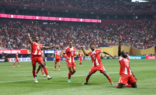 (250706) -- ATLANTA, July 6, 2025 (Xinhua) -- Dayot Upamecano (1st R) of FC Bayern Munich celebrates a disallowed goal during the quarterfinal match between Paris Saint-Germain (FRA) and FC Bayern Munich (GER) at the FIFA Club World Cup 2025 at the Mercedes-Benz Stadium, Atlanta, Georgia, the United States, July 5, 2025. (Xinhua/Li Ming)