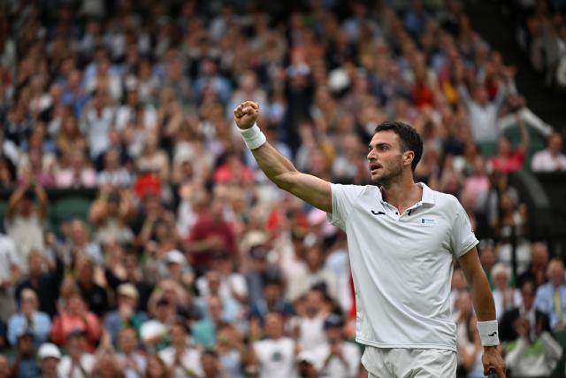 (250706) -- LONDON, July 6, 2025 (Xinhua) -- Pedro Martinez reacts during the men's singles third round match between Jannik Sinner of Italy and Pedro Martinez of Spain at the Wimbledon Tennis Championships in London, Britain, July 5, 2025. (Xinhua/Zhao Dingzhe)