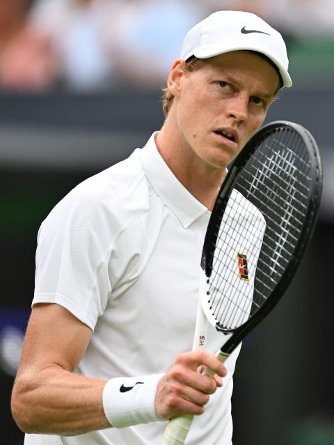 (250706) -- LONDON, July 6, 2025 (Xinhua) -- Jannik Sinner reacts during the men's singles third round match between Jannik Sinner of Italy and Pedro Martinez of Spain at the Wimbledon Tennis Championships in London, Britain, July 5, 2025. (Xinhua/Zhao Dingzhe)