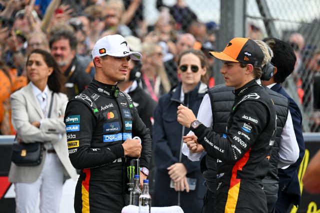 (250706) -- LONDON, July 6, 2025 (Xinhua) -- McLaren's Australian driver Oscar Piastri (front R) talks with McLaren's British driver Lando Norris (front L) after the qualifying session of the Formula One British Grand Prix 2025 at the Silverstone Circuit in Silverstone, Britain, July 5, 2025. (Xinhua/Wu Lu)