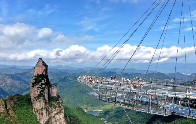 (250706) -- BEIJING, July 6, 2025 (Xinhua) -- A drone photo taken on July 5, 2025 shows tourists visiting the Shenxianju scenic spot in Xianju County of Taizhou, east China's Zhejiang Province. With the arrival of summer vacation, many places in China have entered the peak tourist season. (Photo by Wang Huabin/Xinhua)