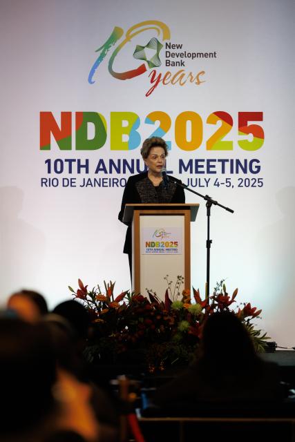 (250706) -- RIO DE JANEIRO, July 6, 2025 (Xinhua) -- Dilma Rousseff, former president of Brazil and president of the New Development Bank (NDB), speaks during the 10th NDB Annual Meeting in Rio De Janeiro, Brazil, July 4, 2025. (Photo by Claudia Martini/Xinhua)