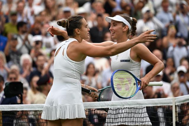 (250707) -- LONDON, July 7, 2025 (Xinhua) -- Aryna Sabalenka (L) greets Elise Mertens after the women's singles fourth round match between Aryna Sabalenka of Belarus and Elise Mertens of Belgium at the Wimbledon Tennis Championships in London, Britain, July 6, 2025. (Xinhua/Zhao Dingzhe)