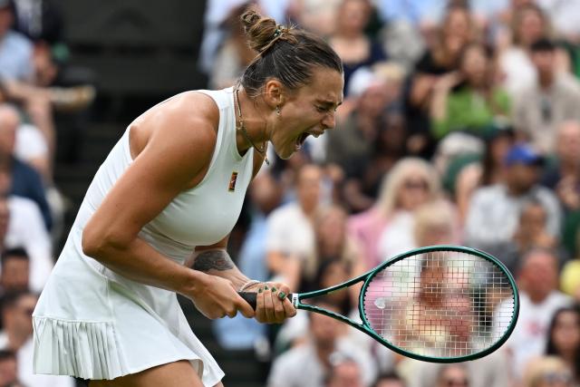 (250707) -- LONDON, July 7, 2025 (Xinhua) -- Aryna Sabalenka reacts during the women's singles fourth round match between Aryna Sabalenka of Belarus and Elise Mertens of Belgium at the Wimbledon Tennis Championships in London, Britain, July 6, 2025. (Xinhua/Zhao Dingzhe)