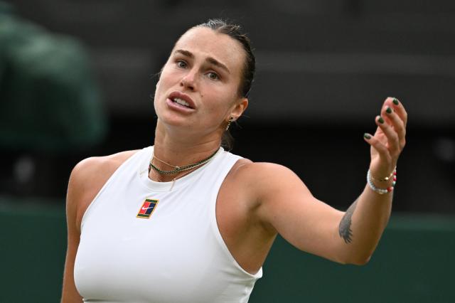 (250707) -- LONDON, July 7, 2025 (Xinhua) -- Aryna Sabalenka reacts during the women's singles fourth round match between Aryna Sabalenka of Belarus and Elise Mertens of Belgium at the Wimbledon Tennis Championships in London, Britain, July 6, 2025. (Xinhua/Zhao Dingzhe)