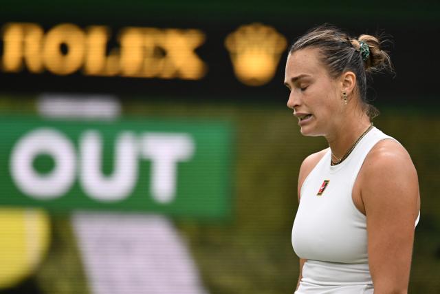 (250707) -- LONDON, July 7, 2025 (Xinhua) -- Aryna Sabalenka reacts during the women's singles fourth round match between Aryna Sabalenka of Belarus and Elise Mertens of Belgium at the Wimbledon Tennis Championships in London, Britain, July 6, 2025. (Xinhua/Zhao Dingzhe)