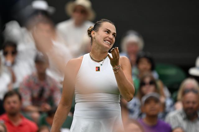 (250707) -- LONDON, July 7, 2025 (Xinhua) -- Aryna Sabalenka reacts during the women's singles fourth round match between Aryna Sabalenka of Belarus and Elise Mertens of Belgium at the Wimbledon Tennis Championships in London, Britain, July 6, 2025. (Xinhua/Zhao Dingzhe)