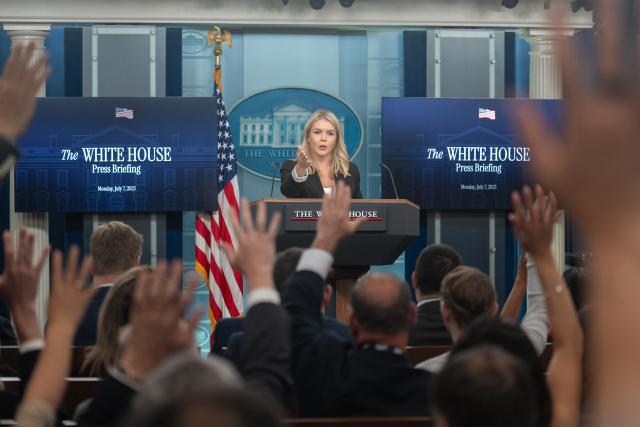 (250707) -- WASHINGTON, July 7, 2025 (Xinhua) -- White House Press Secretary Karoline Leavitt takes questions during a press briefing at the White House in Washington, D.C., the United States, on July 7, 2025. Leavitt said Monday afternoon that U.S. President Donald Trump plans to issue an executive order to extend the pause on "reciprocal tariffs" from July 9 to Aug. 1. (Xinhua/Hu Yousong)