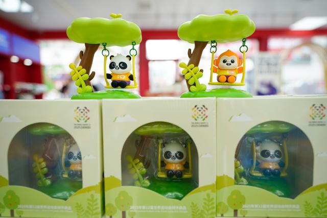 (250708) -- CHENGDU, July 8, 2025 (Xinhua) -- This photo taken on July 8, 2025 shows products on display at an official licensed products store for the World Games 2025 in Chengdu, southwest China's Sichuan Province. The Games hit the 30-day countdown mark today and will be held from August 7 to 17. (Xinhua/Xu Bingjie)