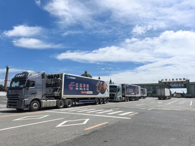 (250708) -- CHANGCHUN, July 8, 2025 (Xinhua) -- Trucks carrying live king crabs in "intelligent special care and transportation containers" pass through the Hunchun Port in Hunchun, northeast China's Jilin Province, June 21, 2025. TO GO WITH Across China: Landlocked small city dominates China's king crab market (Xinhua)
