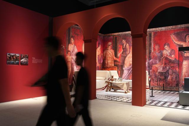 (250708) -- CHANGSHA, July 8, 2025 (Xinhua) -- People visit the exhibition "Meet Pompeii: The Eternal City" at the Hunan Museum in Changsha, capital of central China's Hunan Province, July 8, 2025. This exhibition showcasing cultural relics from ancient Pompeii opened here on Tuesday.
   It features more than 130 artifacts, including frescoes, sculptures, and bronze and gold ware, and will run through November 2 this year.
   Pompeii, situated between Naples and the Amalfi Coast, is a UNESCO World Heritage Site. The ancient city was buried under volcanic ash and pumice during the catastrophic eruption of Mount Vesuvius in the year 79. (Xinhua/Xue Yuge)