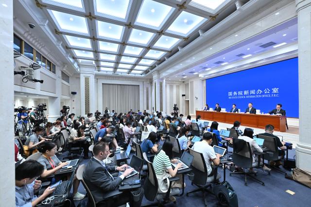 (250709) -- BEIJING, July 9, 2025 (Xinhua) -- China's State Council Information Office (SCIO) holds a press conference on the country's high-quality fulfillment of targets set for the 14th Five-Year Plan period (2021-2025), in Beijing, capital of China, July 9, 2025. Zheng Shanjie, head of the National Development and Reform Commission (NDRC), Li Chunlin, deputy director of the NDRC, Zhou Haibing, deputy director of the NDRC, and Yuan Da, secretary general of the NDRC, presented achievements in social and economic development during the period and answered questions from the media. (Xinhua/Li Xin)