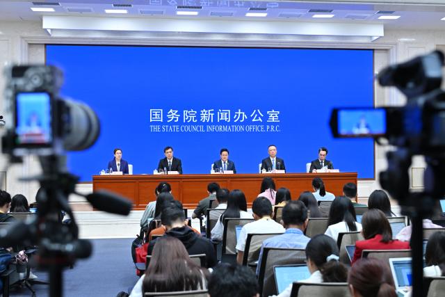 (250709) -- BEIJING, July 9, 2025 (Xinhua) -- China's State Council Information Office (SCIO) holds a press conference on the country's high-quality fulfillment of targets set for the 14th Five-Year Plan period (2021-2025), in Beijing, capital of China, July 9, 2025. Zheng Shanjie, head of the National Development and Reform Commission (NDRC), Li Chunlin, deputy director of the NDRC, Zhou Haibing, deputy director of the NDRC, and Yuan Da, secretary general of the NDRC, presented achievements in social and economic development during the period and answered questions from the media. (Xinhua/Li Xin)