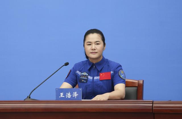 (250709) -- BEIJING, July 9, 2025 (Xinhua) -- Astronaut Wang Haoze from China's Shenzhou-19 crewed mission is pictured during a press conference in Beijing, capital of China, July 9, 2025. Astronauts Cai Xuzhe, Song Lingdong and Wang Haoze from China's Shenzhou-19 crewed mission met the press on Wednesday, their first public appearance after returning to Earth in April. (Xinhua/Li Yanchen)