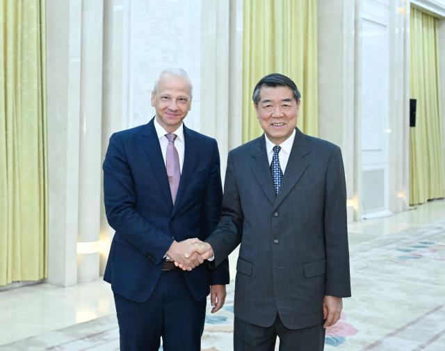 (250709) -- BEIJING, July 9, 2025 (Xinhua) -- Chinese Vice Premier He Lifeng, also a member of the Political Bureau of the Communist Party of China Central Committee, meets with Markus Kamieth, chairman of BASF's Board of Executive Directors, in Beijing, capital of China, July 9, 2025. (Xinhua/Shen Hong)