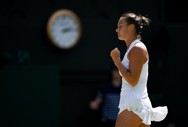(250710) -- LONDON, July 10, 2025 (Xinhua) -- Aryna Sabalenka celebrates scoring during the women's singles semifinal match between Aryna Sabalenka of Belarus and Amanda Anisimova of the United States at the Wimbledon Tennis Championships in London, Britain, July 10, 2025. (Xinhua/Li Ying)