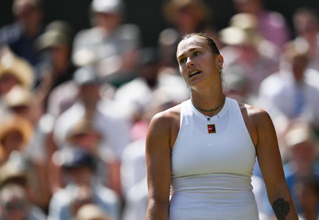 (250710) -- LONDON, July 10, 2025 (Xinhua) -- Aryna Sabalenka reacts during the women's singles semifinal match between Aryna Sabalenka of Belarus and Amanda Anisimova of the United States at the Wimbledon Tennis Championships in London, Britain, July 10, 2025. (Xinhua/Li Ying)