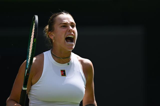 (250710) -- LONDON, July 10, 2025 (Xinhua) -- Aryna Sabalenka reacts during the women's singles semifinal match between Aryna Sabalenka of Belarus and Amanda Anisimova of the United States at the Wimbledon Tennis Championships in London, Britain, July 10, 2025. (Xinhua/Li Ying)