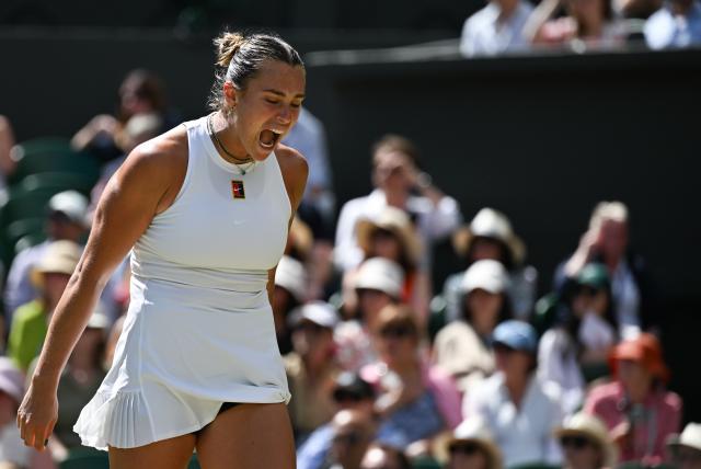 (250710) -- LONDON, July 10, 2025 (Xinhua) -- Aryna Sabalenka reacts during the women's singles semifinal match between Aryna Sabalenka of Belarus and Amanda Anisimova of the United States at the Wimbledon Tennis Championships in London, Britain, July 10, 2025. (Xinhua/Li Ying)