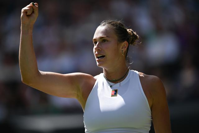 (250710) -- LONDON, July 10, 2025 (Xinhua) -- Aryna Sabalenka celebrates scoring during the women's singles semifinal match between Aryna Sabalenka of Belarus and Amanda Anisimova of the United States at the Wimbledon Tennis Championships in London, Britain, July 10, 2025. (Xinhua/Li Ying)