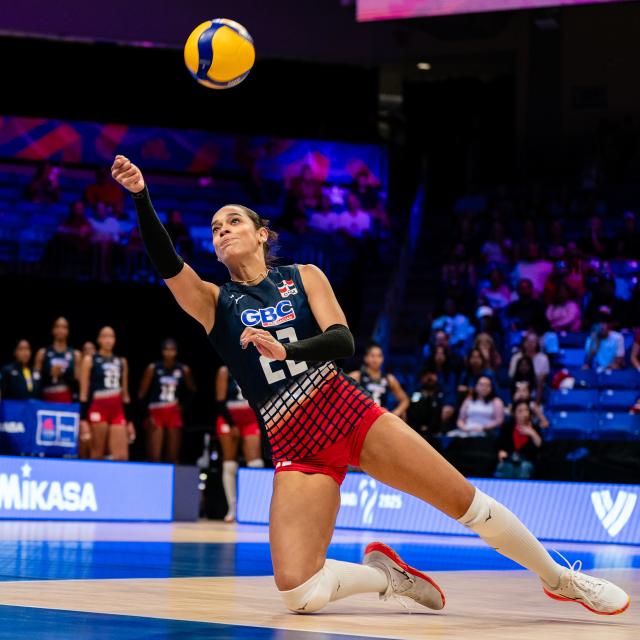 (250711) -- ARLINGTON, July 11, 2025 (Xinhua) -- Samaret Caraballo of Dominican Republic competes during the match between the United States and Dominican Republic at the Women's Volleyball Nations League (VNL) 2025 in Arlington, the United States, July 10, 2025. (Photo by Chen Chen/Xinhua)