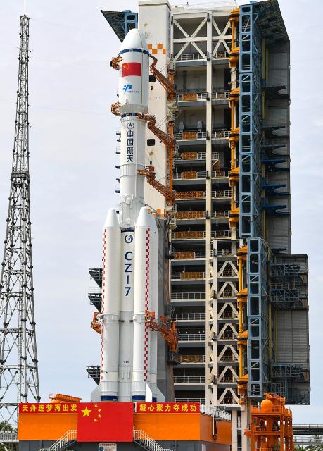 (250712) -- WENCHANG, July 12, 2025 (Xinhua) -- This photo taken on July 12, 2025 shows the combination of the Tianzhou-9 cargo craft, tasked with carrying supplies to China's space station, and a Long March-7 carrier rocket being vertically transferred to the launch site in Wenchang Spacecraft Launch Site in Wenchang, south China's Hainan Province.
  The cargo spacecraft will be launched in the near future at an appropriate time, according to the China Manned Space Agency (CMSA).
   Currently, the facilities and equipment at the Wenchang Spacecraft Launch Site in the southern island province of Hainan are in good condition, and comprehensive functionality checks and joint tests are scheduled to proceed as planned ahead of the launch, said the CMSA. (Xinhua/Yang Guanyu)
