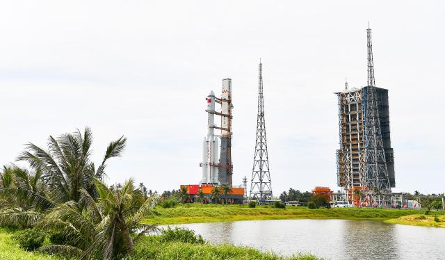 (250712) -- WENCHANG, July 12, 2025 (Xinhua) -- This photo taken on July 12, 2025 shows the combination of the Tianzhou-9 cargo craft, tasked with carrying supplies to China's space station, and a Long March-7 carrier rocket being vertically transferred to the launch site in Wenchang Spacecraft Launch Site in Wenchang, south China's Hainan Province.
  The cargo spacecraft will be launched in the near future at an appropriate time, according to the China Manned Space Agency (CMSA).
   Currently, the facilities and equipment at the Wenchang Spacecraft Launch Site in the southern island province of Hainan are in good condition, and comprehensive functionality checks and joint tests are scheduled to proceed as planned ahead of the launch, said the CMSA. (Xinhua/Yang Guanyu)
