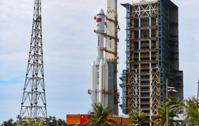 (250712) -- WENCHANG, July 12, 2025 (Xinhua) -- This photo taken on July 12, 2025 shows the combination of the Tianzhou-9 cargo craft, tasked with carrying supplies to China's space station, and a Long March-7 carrier rocket being vertically transferred to the launch site in Wenchang Spacecraft Launch Site in Wenchang, south China's Hainan Province.
  The cargo spacecraft will be launched in the near future at an appropriate time, according to the China Manned Space Agency (CMSA).
   Currently, the facilities and equipment at the Wenchang Spacecraft Launch Site in the southern island province of Hainan are in good condition, and comprehensive functionality checks and joint tests are scheduled to proceed as planned ahead of the launch, said the CMSA. (Xinhua/Yang Guanyu)